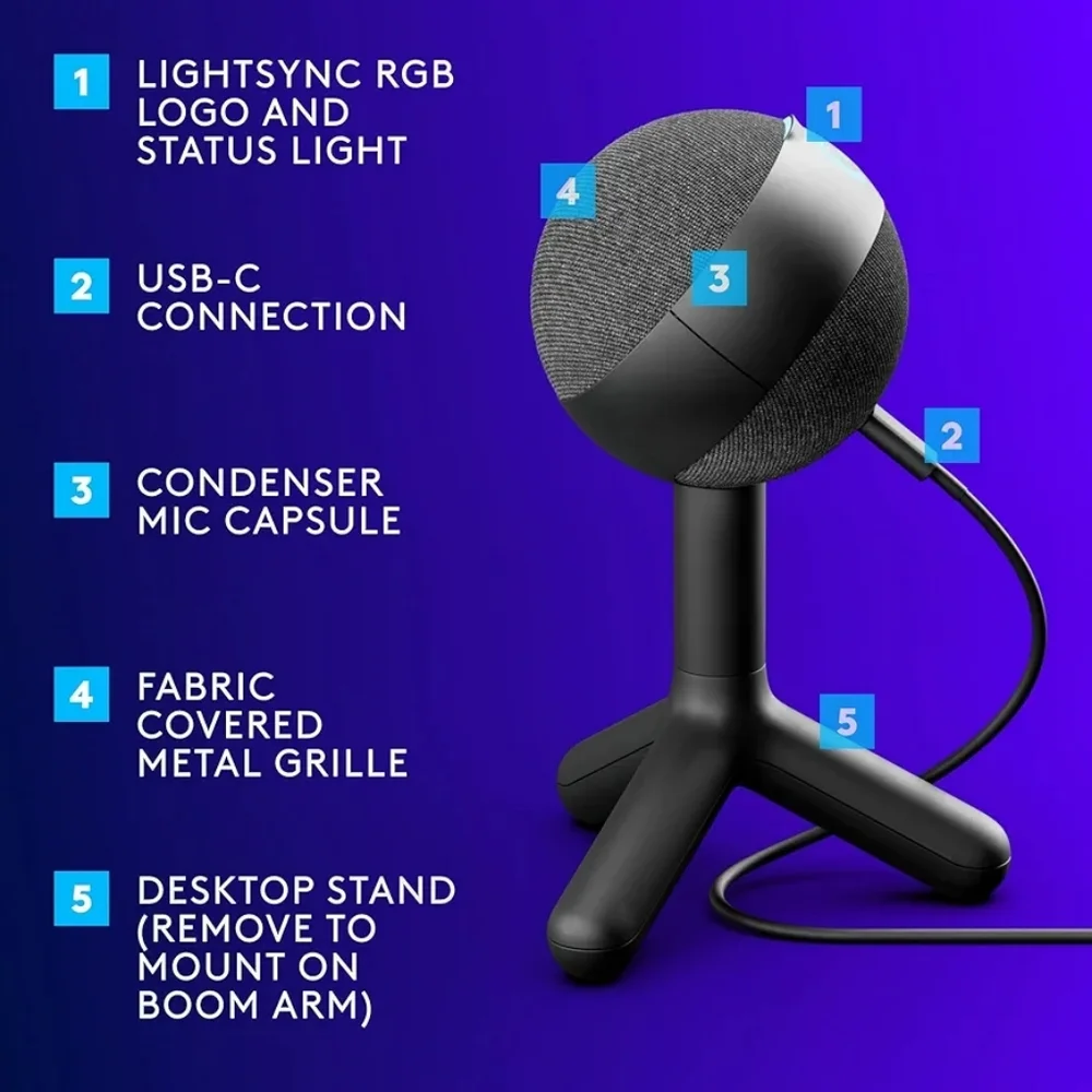 Logitech G Yeti Orb Cardioid Condenser Gaming Microphone w/ RGB Lightsync Lights